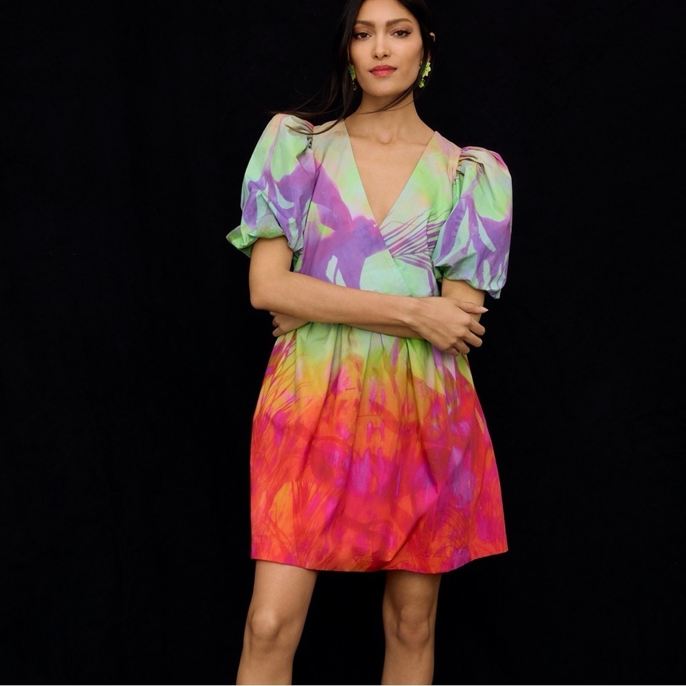 Plenty by Tracy Reese Anthropologie Colorful Puff-Sleeve Surplice Dress